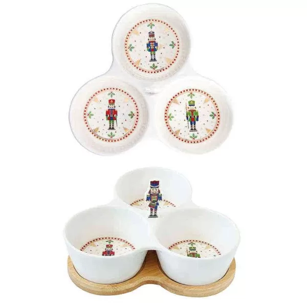 Tableware Porcelain Appetizer Set W/3 Bowls And Bamboo Base^Easy Life Outlet