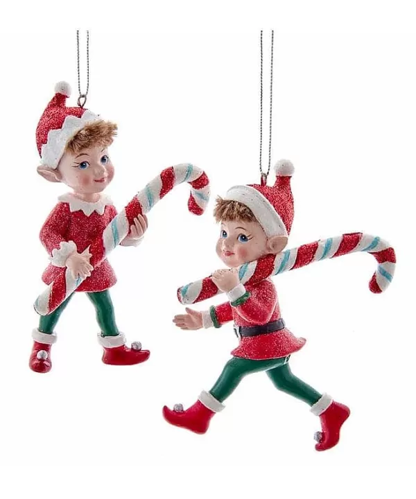 4" Resin Elf With Candy Cane Ornament 2 Assorted E0428^Kurt Adler Fashion