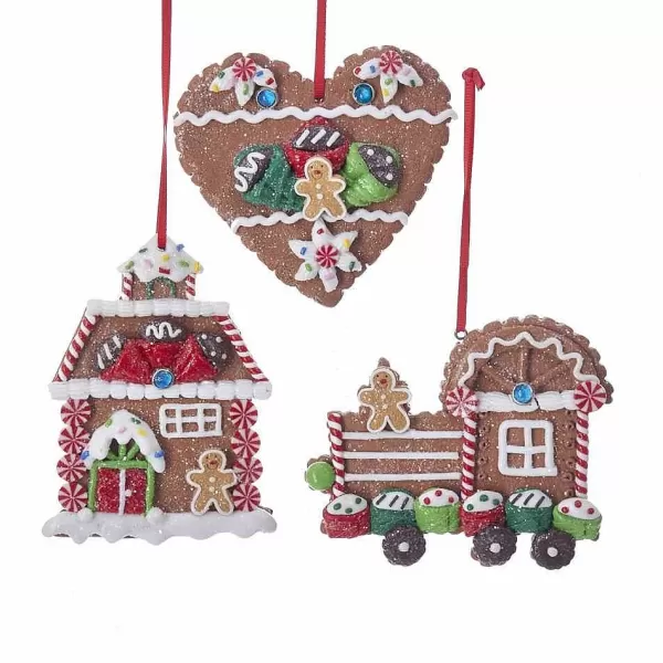 Nyc D3386 Gingerbread House, Heart And Train Ornaments, 3 Assorted^Kurt Adler Clearance